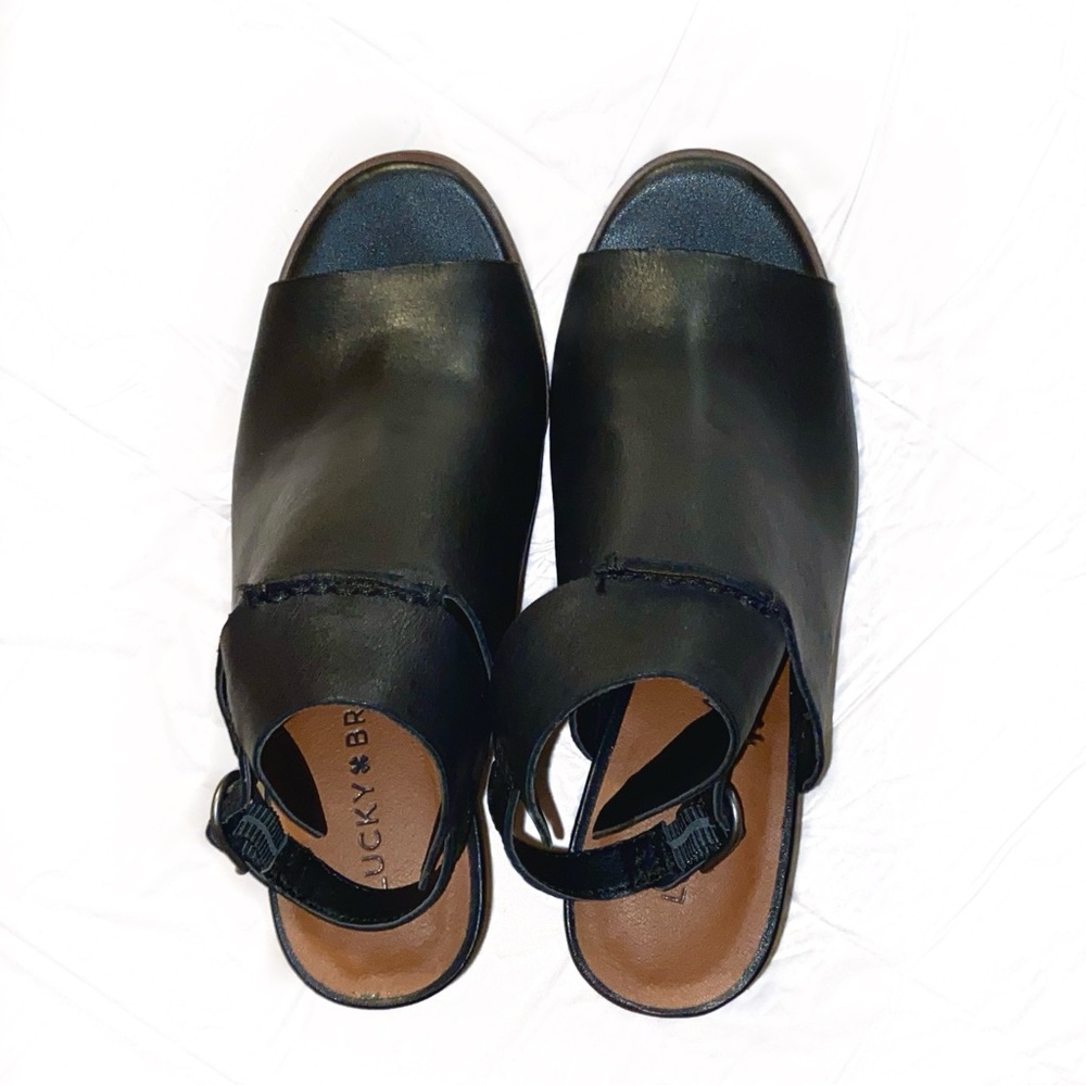 Lucky Brand Black Leather Women's Heeled Sandals - Picture 3 of 9